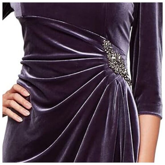 Alex Evenings Velvet Cocktail Dress Sz 14 Purple Side Draped 3/4 Sleeve - Picture 2 of 14